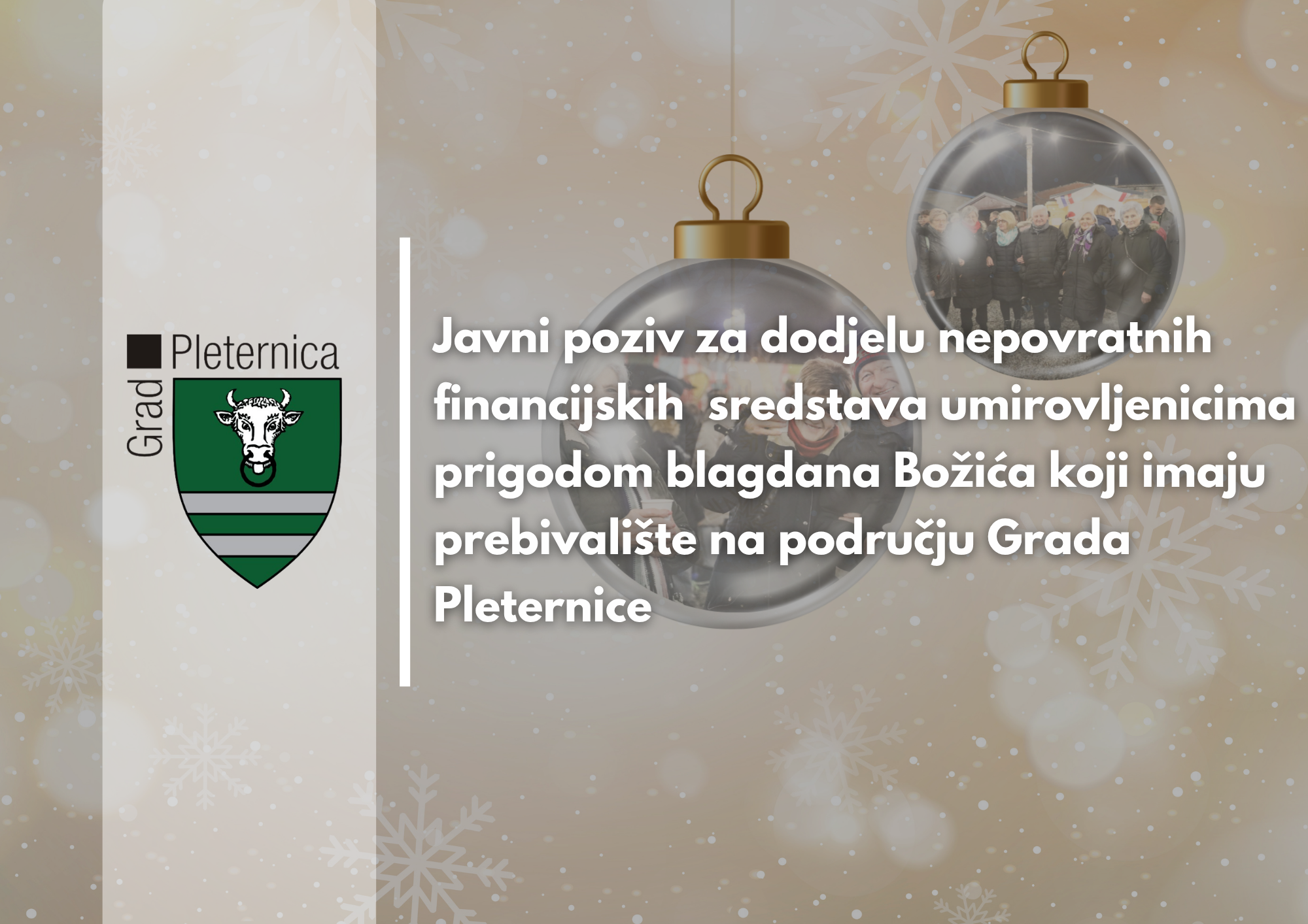 Javni poziv za dodjelu nepovratnih financijskih sredstava umirovljenicima prigodom blagdana Božića koji imaju prebivalište na području Grada Pleternice